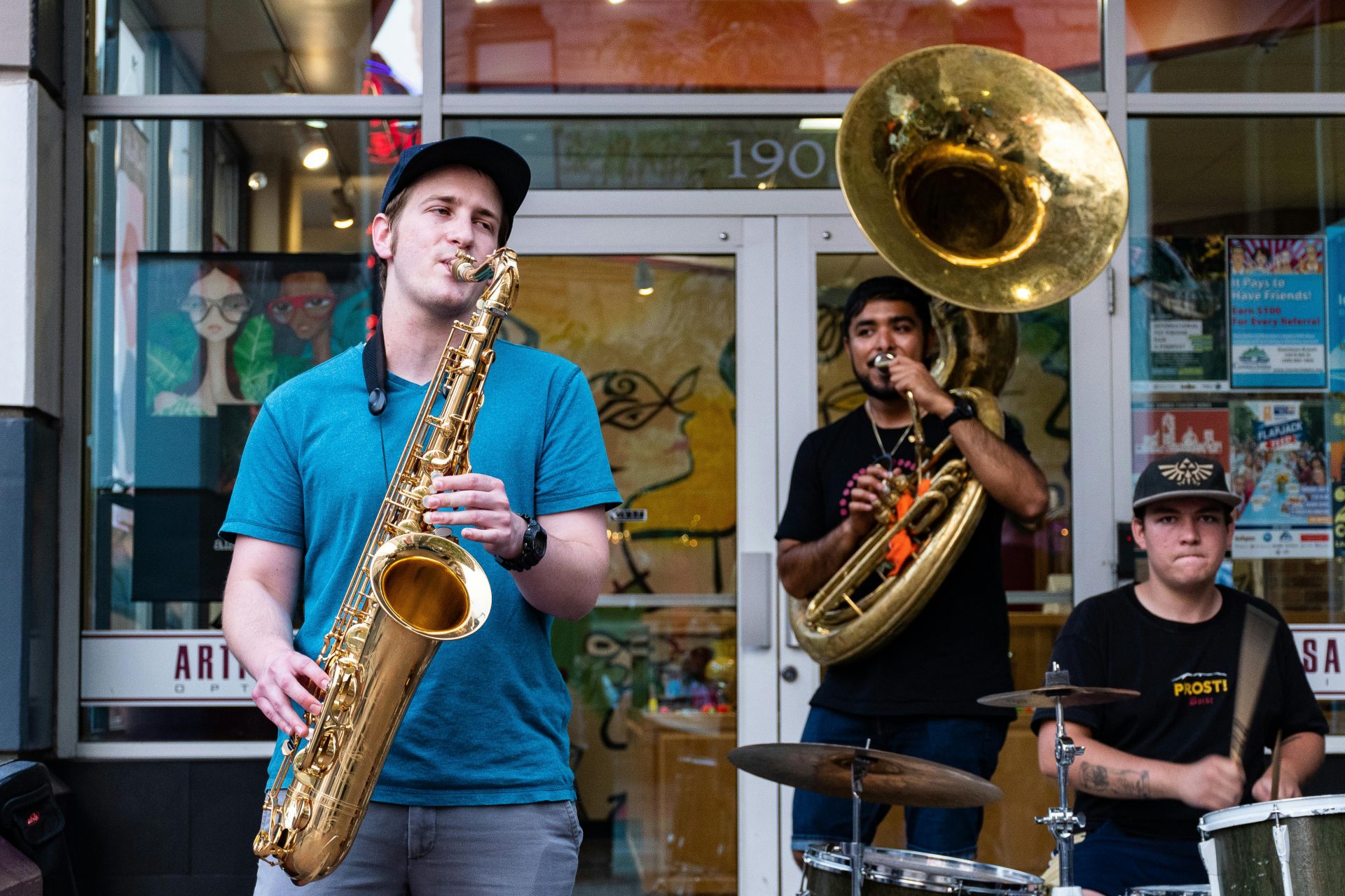 Street musicians performing together